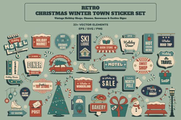 Retro Christmas Winter Town Stickers: A Festive Graphic Asset