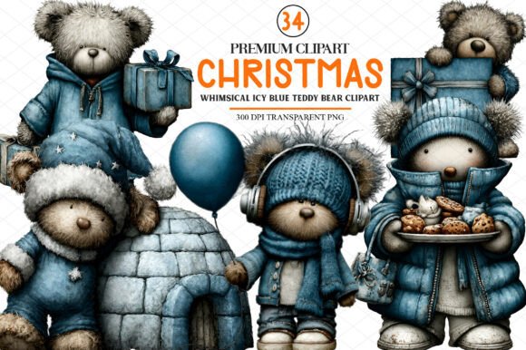 Whimsical Christmas Icy Blue Teddy Bear Graphics